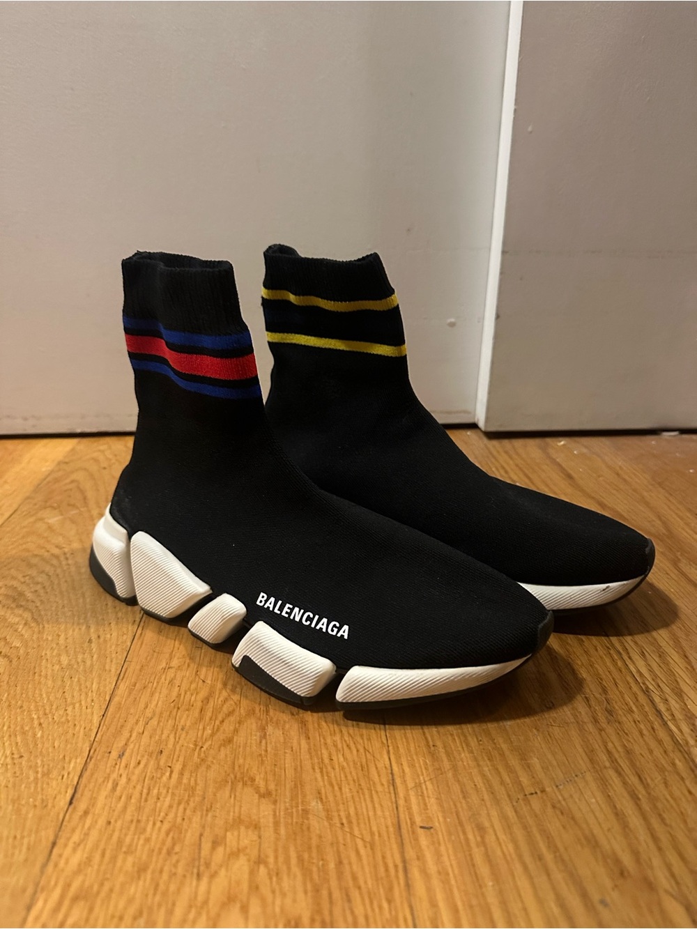 Balenciaga Black Sock Sneakers with Red, Blue and Yellow Stripes